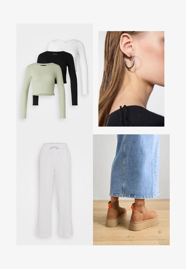 Even&Odd Petite 3 PACK - Top s dlouhým rukávem - black/white/light green; Bílé lněné kalhoty s elastickým pasem, které mají uvolněný střih a rovný design nohavic. Hladká textura, bez viditelných vzorů nebo akcentů.; Hnědé semišové platformové boty s elastickými bočními panely a oranžovými poutky, spárované s sukní z jasného denimu ke kolenům na dřevěné podlaze.; Stříbrný kruhový náušník s lesklým povrchem, zdobený malými zlatými akcenty, v kulatém tvaru, nošený na lalůčku.