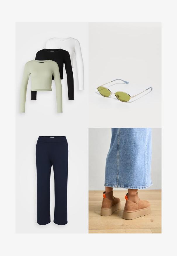 Even&Odd Petite 3 PACK - Ilgarankovis viršutinės dalies drabužis - black/white/light green; Jūreivio mėlynos tiesios kojų kelnės, pagamintos iš elastingos medžiagos, su plokščiu juosmeniu ir dviem šoninėmis kišenėmis funkcionalumui.; Rudos zomšiniai platforminiai batai su elastingomis šoniniais panirais ir oranžinėmis kilpomis, derinami su kelio ilgio šviesių džinsų sijonu ant medinių grindų.; Alyvos spalvos saulės akiniai su plonu auksiniu rėmu ir mėlynais akcentuotais šonais. Ovalūs objektyvai ir minimalistiškas dizainas.