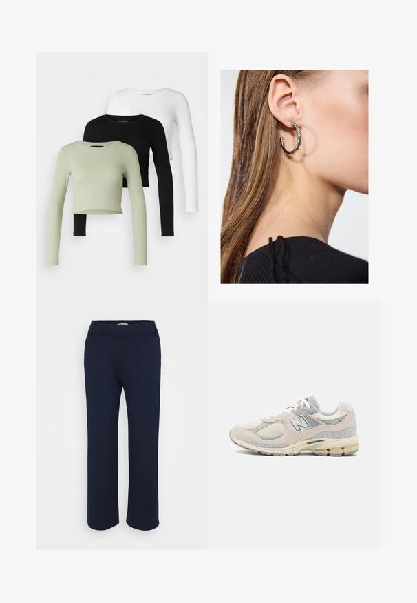 Even&Odd Petite 3 PACK - Top s dlhým rukávom - black/white/light green; Námornícke modré nohavice s rovnými nohavicami vyrobené z elastického materiálu, s plochým pásom a dvoma bočnými vreckami pre praktickosť.; Svetlosivé a béžové tenisky New Balance z semišu a sieťoviny, s polstrovaným golierom, hrubou podrážkou a reflexnými akcentmi. Viazaný dizajn.; Strieborná kruhová náušnica s lesklým povrchom, obsahujúca malé zlaté akcenty a okrúhly tvar, nosená na lalôčiku ucha.