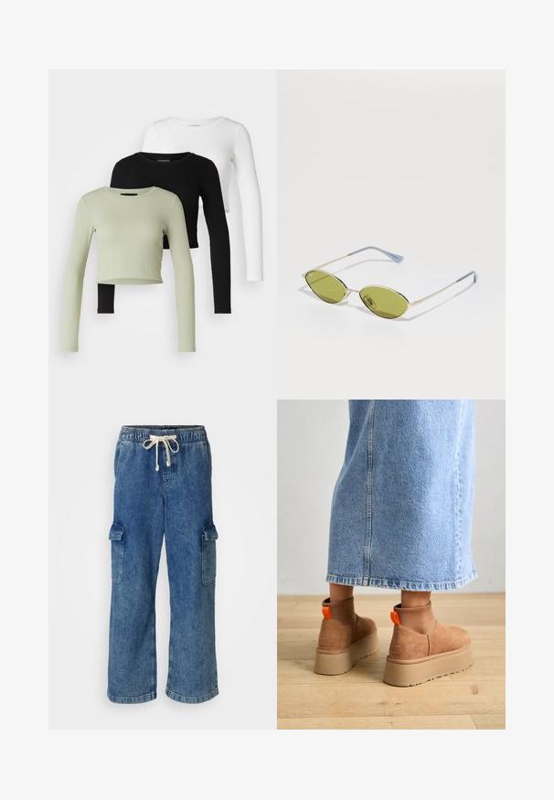 Even&Odd Petite 3 PACK - Ilgarankovis viršutinės dalies drabužis - black/white/light green; Mėlynos džinsinės cargo kelnės su elastine juosmena ir raišteliu, turinčios dvi dideles šonines kišenes ir plačių kojų dizainą.; Rudos zomšiniai platforminiai batai su elastingomis šoniniais panirais ir oranžinėmis kilpomis, derinami su kelio ilgio šviesių džinsų sijonu ant medinių grindų.; Alyvos spalvos saulės akiniai su plonu auksiniu rėmu ir mėlynais akcentuotais šonais. Ovalūs objektyvai ir minimalistiškas dizainas.