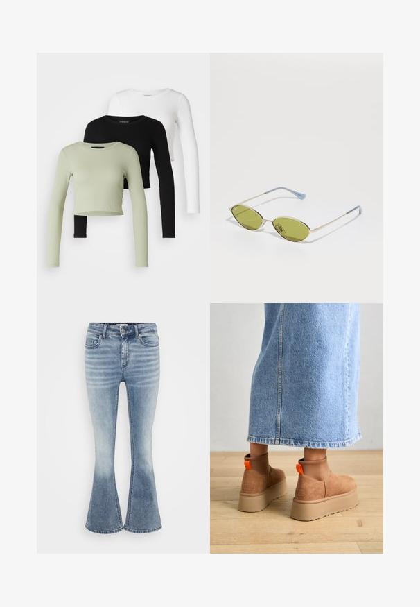 Even&Odd Petite 3 PACK - Camisola de manga comprida - black/white/light green; Calças de ganga azuis claras, com corte à boca de sino, apresentando um design clássico de cinco bolsos, fecho frontal com zipper e um efeito de desbotado suave ao longo das coxas.; Botas plataforma em camurça castanha com painéis laterais elásticos e puxadores laranja, combinadas com uma saia de ganga clara até ao joelho, em um chão de madeira.; Óculos de sol verde-azeitona com uma armação fina dourada e hastes com detalhes azuis. Lentes ovais e design minimalista.