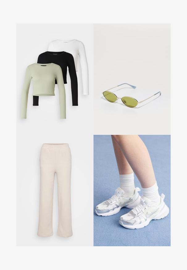 Even&Odd Petite 3 PACK - Tops ar garām piedurknēm - black/white/light green; Bežīgas sporta bikses ar platu kāju dizainu, izgatavotas no mīksta materiāla. Iezīmes - elastīga josta un sānu vīles detaļas. Gluda struktūra.; Baltie sporta apavi ar sieta materiāla un sintētiskajām virsmām, ar sudraba Nike logotipu, un apvienoti ar ribotām baltām zeķēm uz zila fona.; Olīvu zaļi saulesbrilles ar plānu zelta rāmi un zila akcenta kājām. Ovali lēcas un minimālisma dizains.