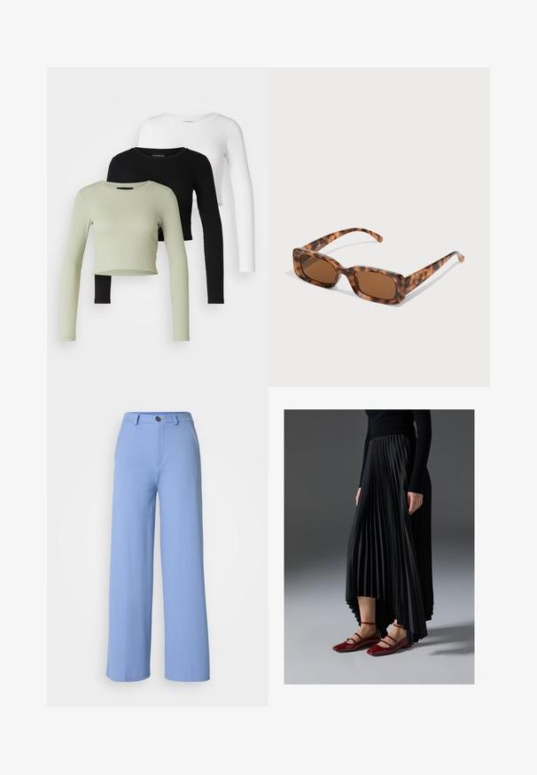 Even&Odd Petite 3 PACK - Μπλούζα με μακριά μανίκια - black/white/light green; Ανοιχτό μπλε παντελόνι σε γραμμή wide-leg, φτιαγμένο από λεία ύφασμα. Διαθέτει μπροστινό κούμπωμα με κουμπί και θήκες ζώνης, με σχεδίαση που ταίριαξε και καθαρές γραμμές.; Μαύρη πλισέ φούστα με ασύμμετρο τελείωμα, συνδυασμένη με γυαλιστερές κόκκινες μπαλαρίνες με σχέδιο λουριού. Το ύφασμα έχει λεία υφή.; Γυαλιά ηλίου σε σχέδιο χελώνας με ορθογώνιους καφέ φακούς, παχύ σκελετό και λεπτά μπράτσα που διαθέτουν μοτίβο με διάφορες αποχρώσεις του καφέ.