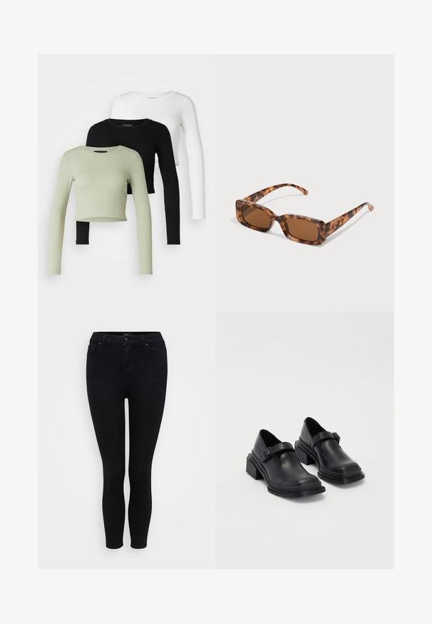 Even&Odd Petite 3 PACK - Ilgarankovis viršutinės dalies drabužis - black/white/light green; Juodi liesi džinsai su lygiu džinsiniu paviršiumi, turintys klasikinį penkių kišenių dizainą, mygtuką ir vidutinio aukščio juosmenį.; Juodos odinės bateliai su apvaliu priekiu, plokščiu padu ir dirželiu su sagtimi. Didelis blokinis kulnas, užtikrinantis papildomą stabilumą.; Vėžlio kiauto saulės akiniai su stačiakampiais rudi objektyvais, storu rėmu ir siaurais rankenėlėmis, dekoruotomis skirtingų atspalvių ruda spalva.; Sidabriniai metaliniai auskarai žiedų pavidalu su šveitimo tekstūra, turintys apvalų dizainą ir skaidrų laikiklį saugiam dėvėjimui.