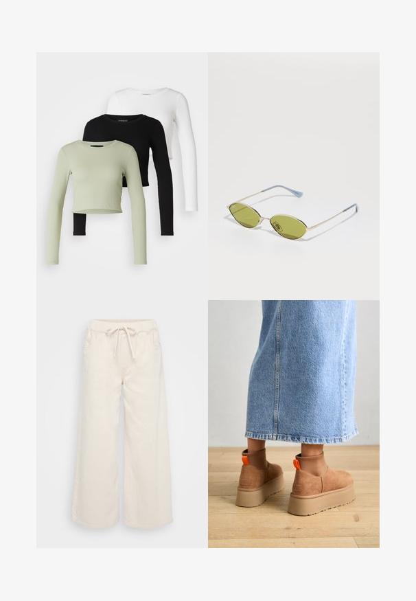Even&Odd Petite 3 PACK - Bluză cu mânecă lungă - black/white/light green; Pantaloni din bumbac, cu croială largă, de culoare crem, cu talie elastică, cordon de ajustare și buzunare laterale. Textură netedă, design casual.; Botine maro din suede cu platformă, cu panouri elastice pe laterale și mânere portocalii, asortate cu o fustă din denim deschis până la genunchi, pe un podea din lemn.; Ochelari de soare verde măsliniu cu o ramă subțire aurie și brațe cu accente albastre. Lentile ovale și design minimalist.