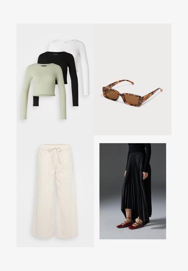 Even&Odd Petite 3 PACK - Pikkade varrukatega topp - black/white/light green; Laiad, kreemivärvi puuvillased püksid elastse vöökoha, nööriga ja küljetaskutega. Sile tekstuur, mugav disain.; Mustmust seelik kõrgema ees- ja madalama taga servaga, kombineeritud läikivate punaste sussidega, millel on rihma kujundus. Kangas on sileda tekstuuriga.; Kilpkonna kestaga prillid, millel on ristkülikukujulised pruuni värvi objektiivid, paks raam ja peened käed, millel on erinevate pruunide toonide muster.