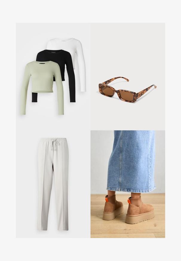 Even&Odd Petite 3 PACK - Longsleeve - black/white/light green; Lichtgrijze joggerbroeken met een elastische tailleband, trekkoord en zijnaad. Gemaakt van een gladde stof voor een relaxte pasvorm.; Bruine suède platformlaarzen met elastische zijkanten en oranje trekbandjes, gecombineerd met een lichtdenim rok tot de knie op een houten vloer.; Tortoiseshell zonnebril met rechthoekige bruine lenzen, een dik montuur en slanke armen met een patroon van variërende bruintinten.