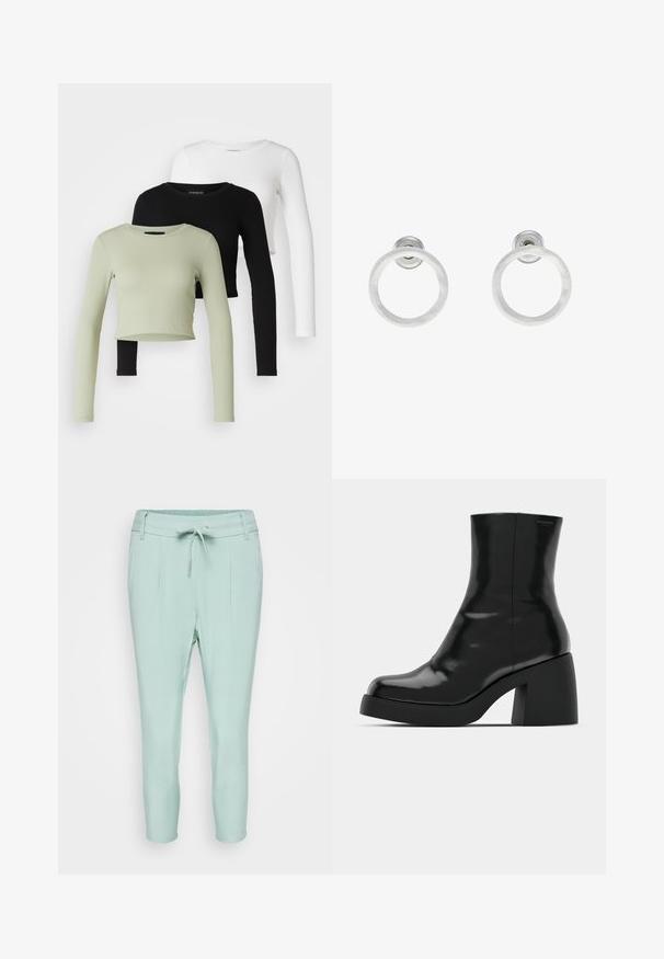 Even&Odd Petite 3 PACK - Top dugih rukava - black/white/light green; Svijetlo mint zelene hlače s elastičnim pojasom, zatvaranjem na vezicu i dva prednja džepa. Glatka tkanina s dizajnom suženih nogavica.; Crne gležnjače s sjajnom površinom, četvrtastim vrhom i debelim blok petama. Dizajn ima besprijekornu siluetu i minimalno brendiranje.; Srebrne metalne naušnice u obliku prstena s brušenom teksturom, s kružnim dizajnom i prozirnom vrstom kopče za sigurno nošenje.