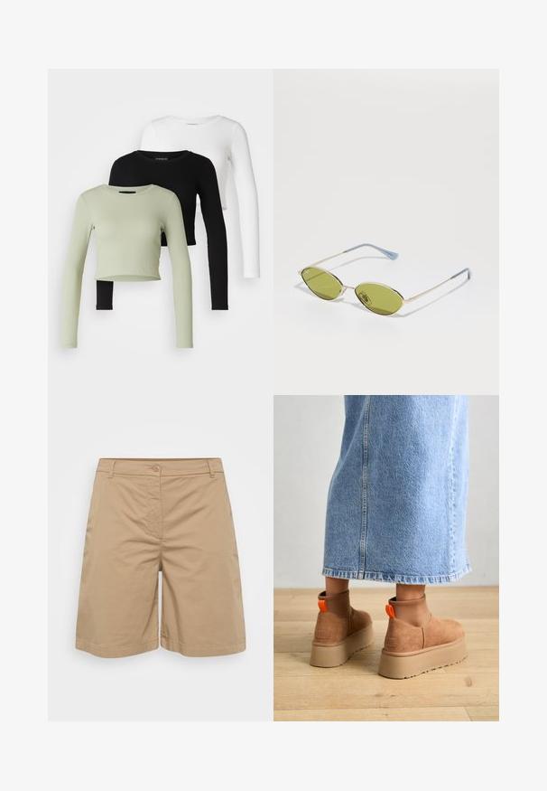 Even&Odd Petite 3 PACK - Topper langermet - black/white/light green; Khaki shorts laget av myk bomullsblanding, med rett ben-design, knappelukking og frontlommer.; Brune semska plattformstøvler med elastiske sidepaneler og orange rekkehalser, parret med en knelange lys denimskjørt på et tregulv.; Olivengrønne solbriller med en tynd guldramme og blå accenter på stængerne. Ovale linser og minimalistisk design.; Sett med sølvøredobber i forskjellige stiler: tre par hoops, to par med teksturerte overflater, som har ulike former og størrelser.