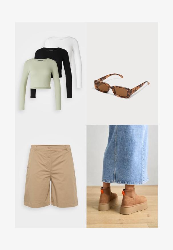 Even&Odd Petite 3 PACK - Long sleeved top - black/white/light green; Khaki shorts made from soft cotton blend fabric, featuring a straight leg design, button closure, and front pockets.; Brown suede platform boots with elastic side panels and orange pull tabs, paired with a knee-length light denim skirt on a wooden floor.; Tortoiseshell sunglasses with rectangular brown lenses, a thick frame, and slim arms featuring a pattern of varying shades of brown.