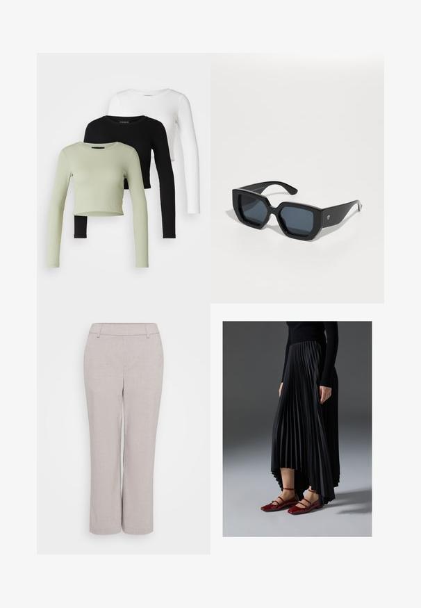Even&Odd Petite 3 PACK - Majica z dolgimi rokavi - black/white/light green; Svijetlosive široke hlače izrađene od teksturirane tkanine. Imaju srednji struk i prednje džepove za funkcionalnost.; Črna nabrana krila z višjim sprednjim in nižjim zadnjim delom, kombinirana z sijočimi rdečimi balerinkami s trakastim dizajnom. Tkanina ima gladko teksturo.; Črne velike sončne očala z geometrijskim dizajnom, pravokotnimi lečami in sijočo površino. Brez vidne blagovne znamke spredaj.