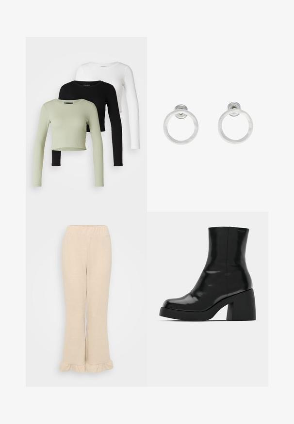 Even&Odd Petite 3 PACK - Top s dlouhým rukávem - black/white/light green; Hedvábné pletené kalhoty v krémové barvě s elastickým pasem a rozšířeným lemem, který má na spodní straně řasení. Hladký povrch.; Černé kotníkové boty s lesklým povrchem, čtveratou špičkou a silným blokovým podpatkem. Design se vyznačuje bezproblémovým siluetu a minimálním brandingem.; Stříbrné kovové kruhové náušnice s broušenou texturní úpravou, s kulatým designem a průhledným záznamem pro bezpečné nošení.