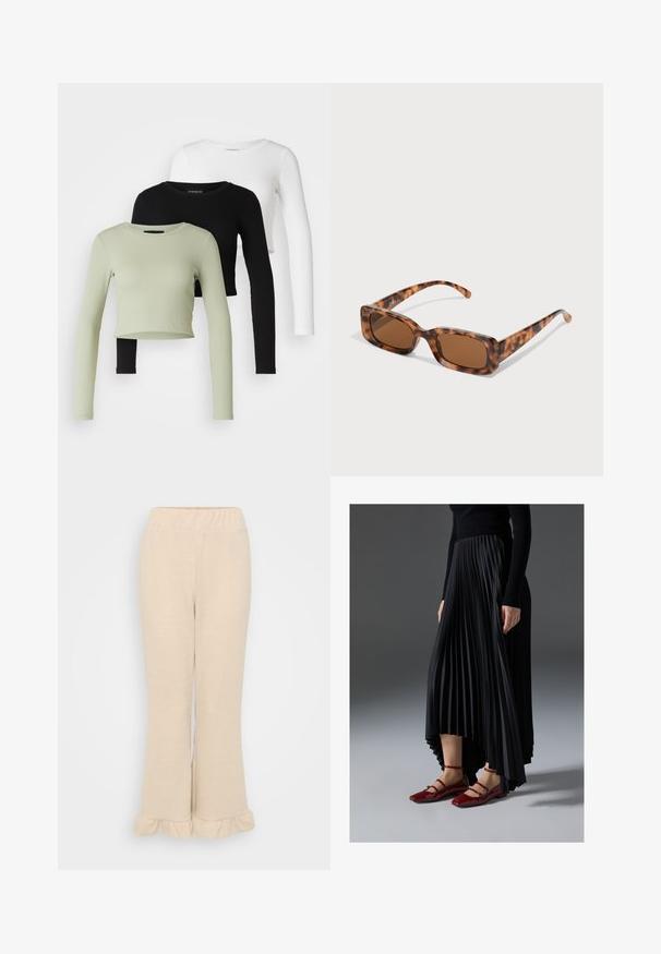 Even&Odd Petite 3 PACK - Tops ar garām piedurknēm - black/white/light green; Krēmkrāsas ribotas adītas bikses ar elastīgu jostu un izplešanos apakšā, kurai ir viļņotas akcenti. Gluda virsma.; Melna plisēta kleita ar augstu priekšpusi un zemāku aizmuguri, saskaņota ar spīdīgām sarkānām dzīvokļa kurpēm ar siksnu dizainu. Audumam ir gluda tekstūra.; Tortoiseshell saulesbrilles ar taisnstūrveida brūniem stikliem, biezs rāmis un plānas kājas ar dažādu brūnu toņu rakstu.; Sudraba riņķveida auss gredzeni ar gludu, pulētu apdari. Apaļa forma un drošs klikšķa augšējais slēgums. Viegls dizains, kas piemērots ikdienas valkāšanai.