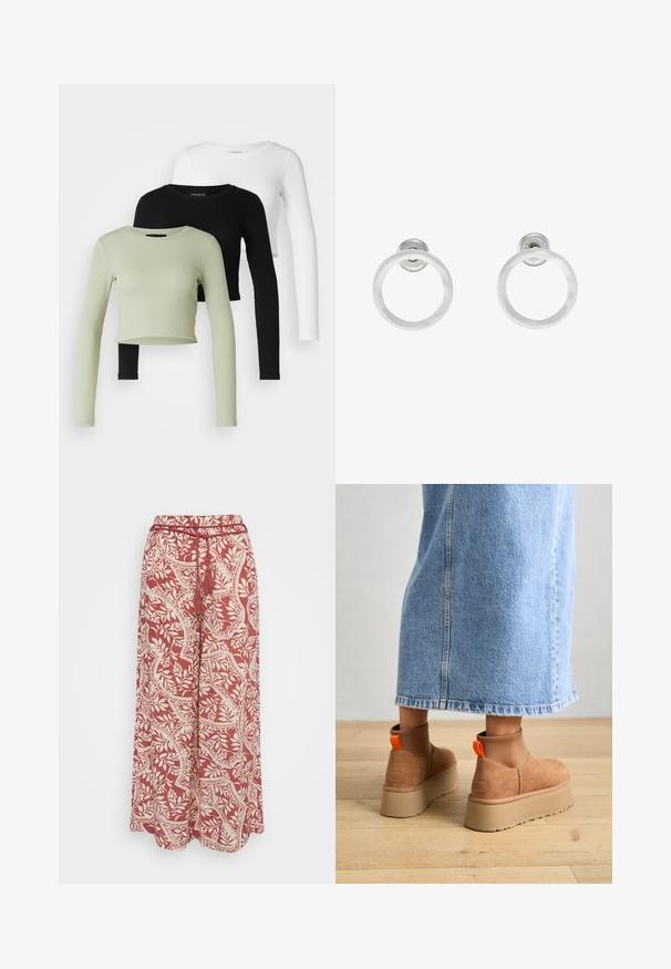 Even&Odd Petite 3 PACK - Longsleeve - black/white/light green; Vero Moda Petite VMBALI WIDE PANTS - Broek - marsala; Bruine suède platformlaarzen met elastische zijkanten en oranje trekbandjes, gecombineerd met een lichtdenim rok tot de knie op een houten vloer.; Zilveren metalen ringoorbellen met een geborstelde textuur, met een ronde vorm en een transparante bevestiging voor een veilige draagwijze.