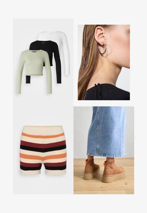 Even&Odd Petite 3 PACK - Long sleeved top - black/white/light green; Knit shorts featuring horizontal stripes in cream, orange, red, black, and burgundy, with a soft texture and a fitted waistband.; Brown suede platform boots with elastic side panels and orange pull tabs, paired with a knee-length light denim skirt on a wooden floor.; Silver hoop earring with a polished finish, featuring small gold accent details and a round shape, worn on the lobe.