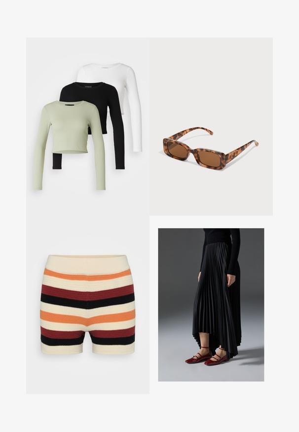 Even&Odd Petite 3 PACK - Top s dlhým rukávom - black/white/light green; Pletené šortky s horizontálnymi pruhmi v krémovej, oranžovej, červenej, čiernej a vínovej farbe, s jemnou textúrou a priliehavým pásom.; Čierna plisovaná sukňa s vysokým a nízkym lemom, skombinovaná s lesklými červenými balerínami s dizajnom remienkov. Tkanina má hladkú textúru.; Rámik slnečných okuliarov z korytnačiny s obdĺžnikovými hnedými sklami, hrubým rámom a štíhlymi stranicami so vzorom rôznych odtieňov hnedej.
