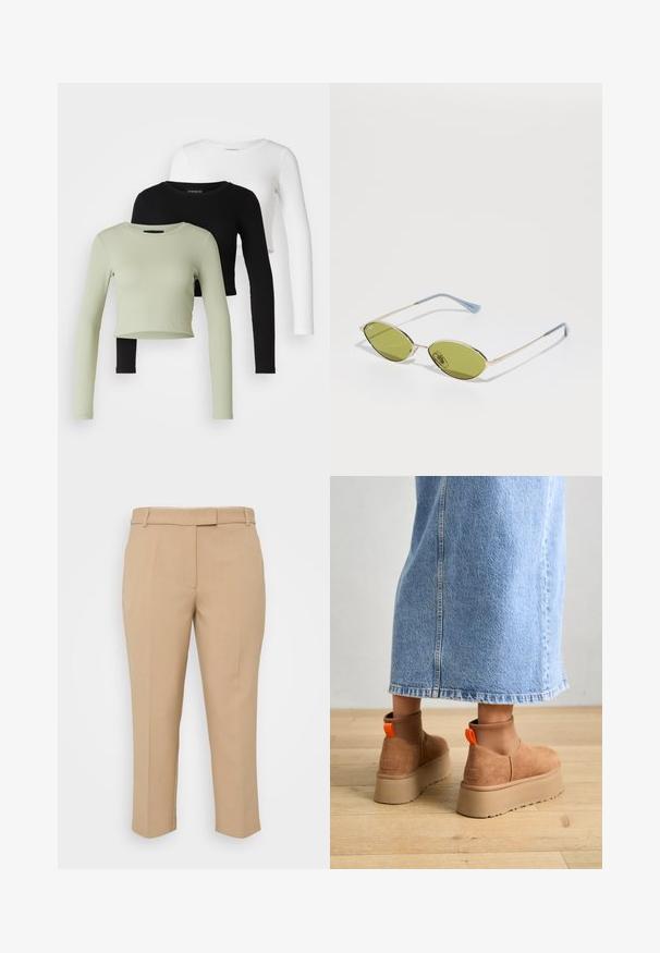 Even&Odd Petite 3 PACK - Tops ar garām piedurknēm - black/white/light green; Bēša piegriezuma bikses ar taisnu griezumu, vidēji augstu jostu un sānu kabatām. Gluda tekstūra ar skaidriem krokām un apvilktiem potītes garuma galiem.; Brūni zamšādas platforma zābaki ar elastīgiem sānu paneļiem un oranžām cilpām, apvienoti ar līdz ceļgaliem garu gaišā denima svārku uz koka grīdas.; Olīvu zaļi saulesbrilles ar plānu zelta rāmi un zila akcenta kājām. Ovali lēcas un minimālisma dizains.