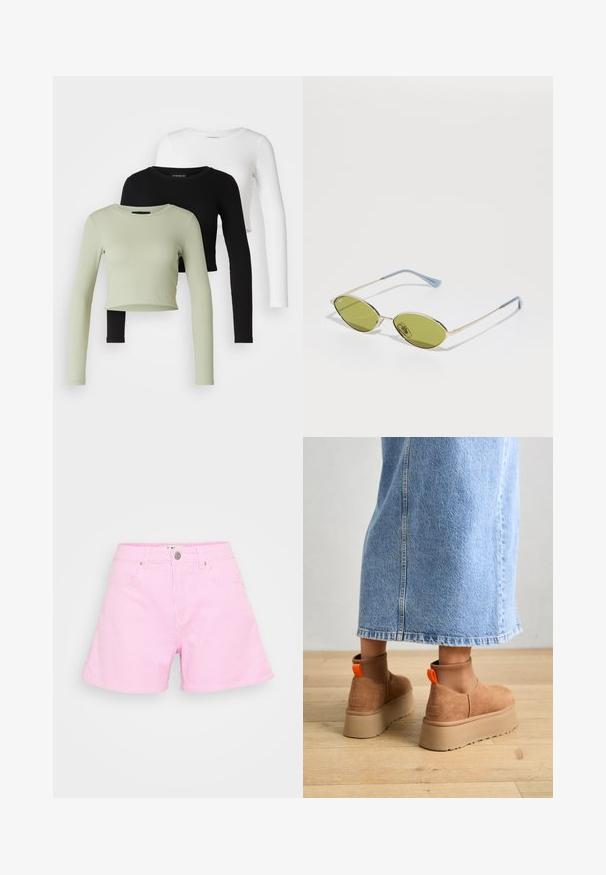 Even&Odd Petite 3 PACK - Majica z dolgimi rokavi - black/white/light green; Roza prugasta kratka hlače iz lahkega materiala, z gumbom za zapiranje, dvema sprednjima žepoma in sproščenim krojem za udobje.; Rjave suede platform čizme z elastičnimi stranskimi paneli in oranžnimi zankami, v kombinaciji s svetlobno denim krilom do kolen na lesenem tleh.; Olivnozeleni sončna očala z tankim zlatim okvirjem in modro obarvanimi ročaji. Ovalni leči in minimalističen dizajn.; Srebrni uhani v obliki obroča z obliko pentlje, z gladko površino in poliranim teksturo. Kompaktna, minimalistična zasnova primerna za različne priložnosti.