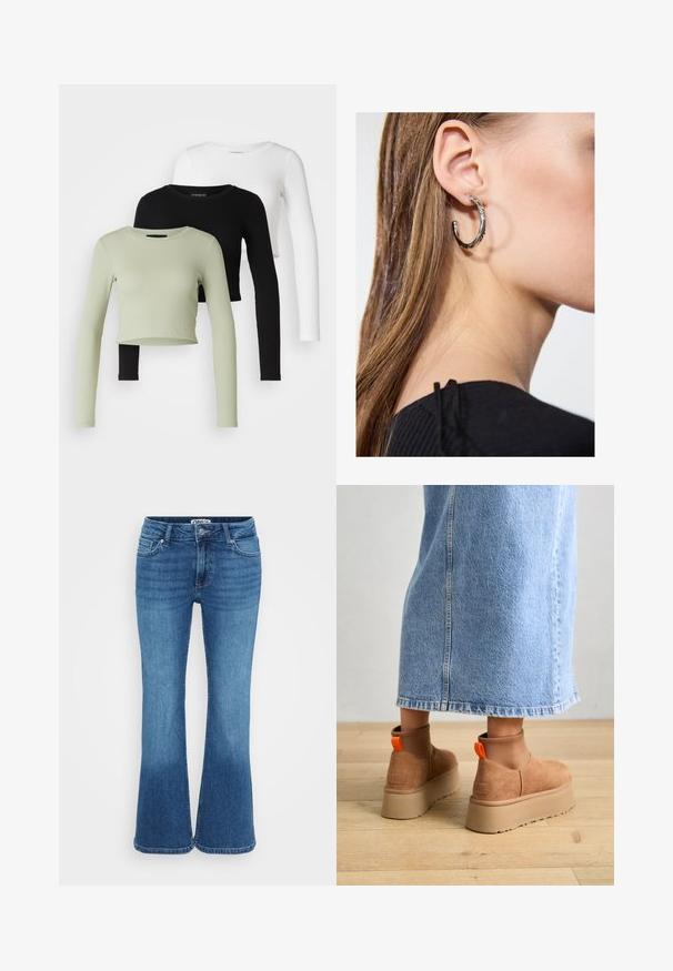 Even&Odd Petite 3 PACK - Långärmad tröja - black/white/light green; Blå utsvängda jeans i denim, med medelhög midja, fem fickor och en lätt urtvättad finish för en avslappnad stil.; Bruna mockakängor med plattform och elastiska sidopaneler samt orange dragflikar, till kombinerade med en knälång ljus denimkjol på ett trägolv.; Silverörhänge med polerad yta, med små detaljer i guld och rund form, bärs på loben.