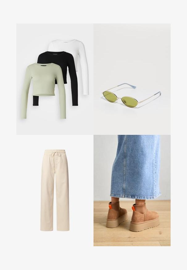 Even&Odd Petite 3 PACK - Tops ar garām piedurknēm - black/white/light green; Beige kokvilnas bikses ar elastīgu jostasvietu un auklu. Platu kāju dizains ar gludu tekstūru un bez redzamām rakstām vai akcentiem.; Brūni zamšādas platforma zābaki ar elastīgiem sānu paneļiem un oranžām cilpām, apvienoti ar līdz ceļgaliem garu gaišā denima svārku uz koka grīdas.; Olīvu zaļi saulesbrilles ar plānu zelta rāmi un zila akcenta kājām. Ovali lēcas un minimālisma dizains.