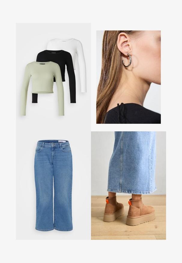 Even&Odd Petite 3 PACK - Long sleeved top - black/white/light green; Light blue wide-leg jeans with a high waist, five pockets, and subtle fabric texture. Features belt loops and a metal button closure.; Brown suede platform boots with elastic side panels and orange pull tabs, paired with a knee-length light denim skirt on a wooden floor.; Silver hoop earring with a polished finish, featuring small gold accent details and a round shape, worn on the lobe.