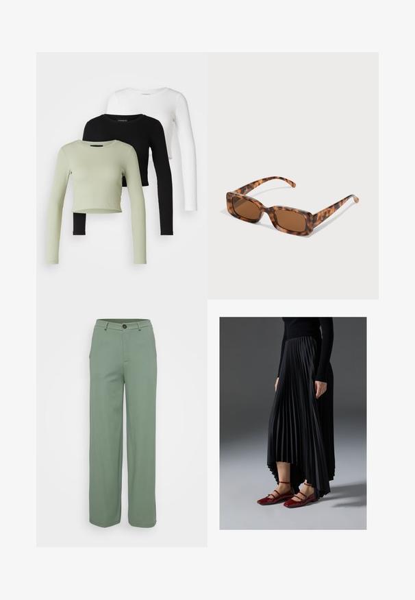 Even&Odd Petite 3 PACK - T-shirt à manches longues - black/white/light green; Pantalons à jambes larges en tissu vert clair avec une texture lisse. Dotés d'une fermeture à bouton sur le devant et de deux poches latérales.; Jupe plissée noire avec un ourlet asymétrique, associée à des ballerines rouges brillantes avec un design à bandoulière. Le tissu a une texture lisse.; Lunettes de soleil en écaille de tortue avec des verres rectangulaires marron, une monture épaisse et des branches fines présentant un motif de nuances variées de marron.