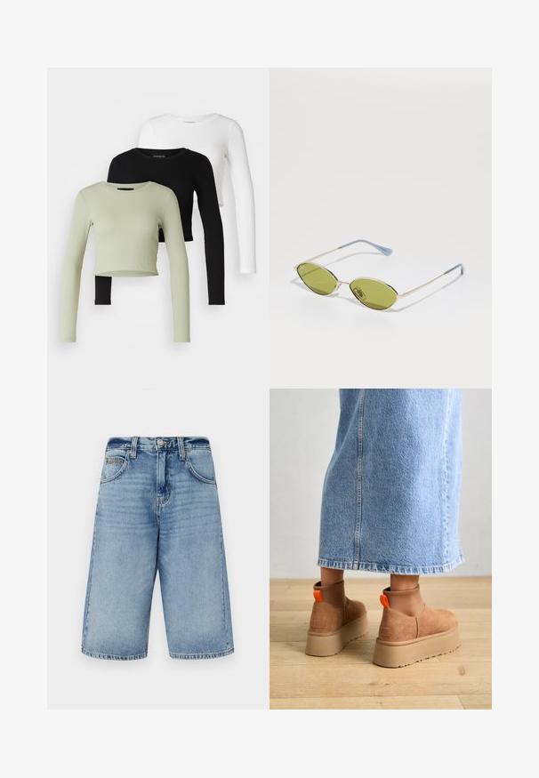 Even&Odd Petite 3 PACK - Pitkähihainen paita - black/white/light green; BDG Urban Outfitters LOGAN - Farkkushortsit - light vintage; Ruske mokasine z platformo in elastiko na straneh ter oranžnimi zategovalnimi trakovi, v kombinaciji z osnovno dolžino svetle denim krila na lesenem podu.; Aurinkolasit oliivinvihreällä värillä, ohuella kultakehyksellä ja sinisillä yksityiskohdilla varustetuilla penseillä. Soikeat linssit ja minimalistischinen muotoilu.