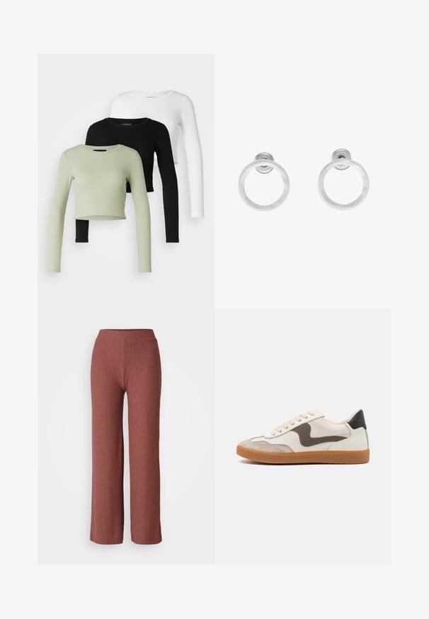 Even&Odd Petite 3 PACK - T-shirt à manches longues - black/white/light green; Pantalons larges côtelés en rose poussiéreux avec une taille élastique, présentant une texture douce et une silhouette droite.; Baskets avec une tige en cuir crème, un accent en suède marron foncé, des lacets beiges et une semelle en caoutchouc beige ; design classique à profil bas.; Boucles d'oreilles en métal argenté avec une texture brossée, présentant un design circulaire et un fermoir transparent pour un port sécurisé.