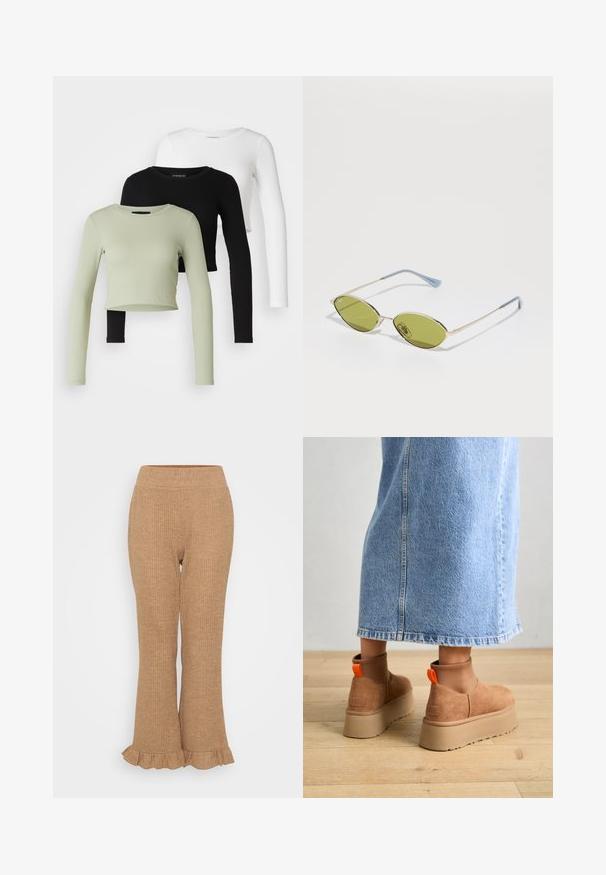 Even&Odd Petite 3 PACK - Ilgarankovis viršutinės dalies drabužis - black/white/light green; Šviesiai rudos spalvos raštuoti megzti kelnes su platėjančiu apačiu ir volaniniu kraštu. Elastinga juosmens juosta komfortui. Vienoda tekstūra per visą paviršių.; Rudos zomšiniai platforminiai batai su elastingomis šoniniais panirais ir oranžinėmis kilpomis, derinami su kelio ilgio šviesių džinsų sijonu ant medinių grindų.; Alyvos spalvos saulės akiniai su plonu auksiniu rėmu ir mėlynais akcentuotais šonais. Ovalūs objektyvai ir minimalistiškas dizainas.; Sidabriniai metaliniai auskarai žiedų pavidalu su šveitimo tekstūra, turintys apvalų dizainą ir skaidrų laikiklį saugiam dėvėjimui.