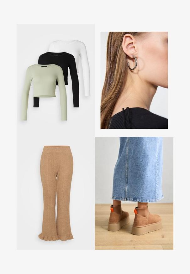 Even&Odd Petite 3 PACK - T-shirt à manches longues - black/white/light green; Pantalons en tricot côtelé marron clair avec un bas évasé et un ourlet froncé. Taille élastique pour le confort. Texture uniforme sur l'ensemble.; Bottes en suède brun à plateforme avec des panneaux latéraux élastiques et des languettes orange, associées à une jupe en denim clair arrivant au genou sur un sol en bois.; Boucle d'oreille en argent avec une finition polie, présentant de petits détails en or et de forme ronde, portée sur le lobe.