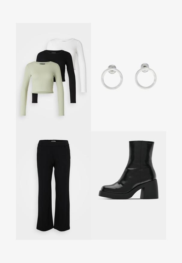 Even&Odd Petite 3 PACK - Majica z dolgimi rokavi - black/white/light green; Črne široke hlače iz mehkega, raztegljivega blaga. Imajo gladek pas z zankami za pas in obrobljene robove. Preprost in vsestranski dizajn.; Črne gležnjarje z sijajno površino, kvadratnim nosom in debelim blokskim peto. Oblikovanje izstopa s brezšivno silhueto in minimalnim logotipiranjem.; Srebrni kovinski obročasti uhani z brušenjem, s krožno obliko in prozornim zatičem za varno nošenje.