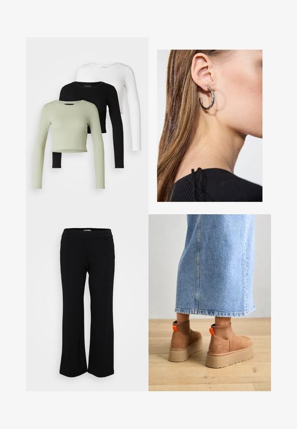 Even&Odd Petite 3 PACK - Long sleeved top - black/white/light green; Black, wide-leg pants made of soft, stretchy fabric. Features a smooth waistband with belt loops and hemmed edges. Simple and versatile design.; Brown suede platform boots with elastic side panels and orange pull tabs, paired with a knee-length light denim skirt on a wooden floor.; Silver hoop earring with a polished finish, featuring small gold accent details and a round shape, worn on the lobe.