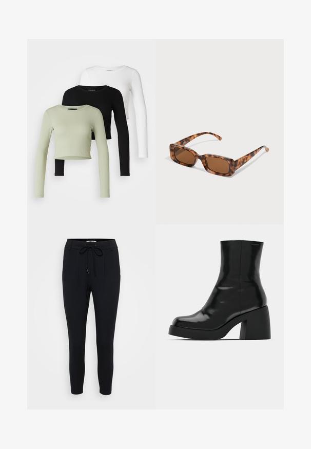 Even&Odd Petite 3 PACK - Majica z dolgimi rokavi - black/white/light green; Črne ožjene hlače iz raztegljive tkanine, ki imajo elastičen pas, dva sprednja nabora in gladko teksturo.; Črne gležnjarje z sijajno površino, kvadratnim nosom in debelim blokskim peto. Oblikovanje izstopa s brezšivno silhueto in minimalnim logotipiranjem.; Želve sunčane naočale s pravokutnim smešnim lećama, debelim okvirom i tankim ručkama s uzorkom različitih nijansi smeđe boje.