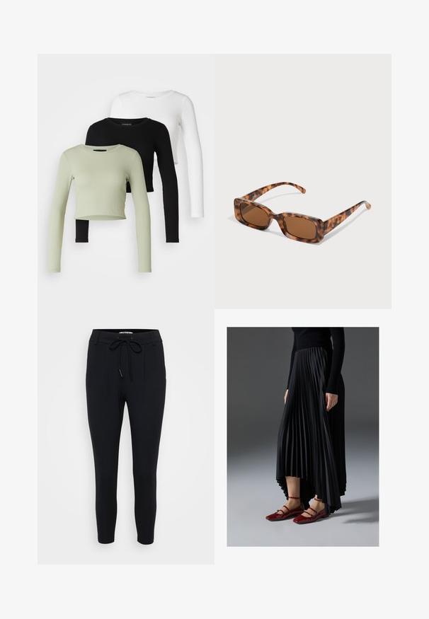 Even&Odd Petite 3 PACK - Topper langermet - black/white/light green; Sorte tapered bukser laget av elastisk stoff, med snøring i livet, to frontfolder og en jevn tekstur.; Svart plissert skjørt med høy-lav hem, kombinert med glansfulle røde leilisser med stroppedesign. Stoffet har en jevn tekstur.; Skilpadde-solbriller med rektangulære brune linser, en tykk ramme og smale stenger som har et mønster av varierende nyanser av brunt.