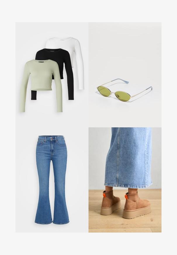 Even&Odd Petite 3 PACK - Pitkähihainen paita - black/white/light green; Vaaleansiniset leveälahkeiset farkut, joissa on korkea vyötärö, valmistettu denimistä. Ominaisuuksiin kuuluu kaksi etutaskua ja nappisulku vyötäröllä.; Ruske mokasine z platformo in elastiko na straneh ter oranžnimi zategovalnimi trakovi, v kombinaciji z osnovno dolžino svetle denim krila na lesenem podu.; Aurinkolasit oliivinvihreällä värillä, ohuella kultakehyksellä ja sinisillä yksityiskohdilla varustetuilla penseillä. Soikeat linssit ja minimalistischinen muotoilu.