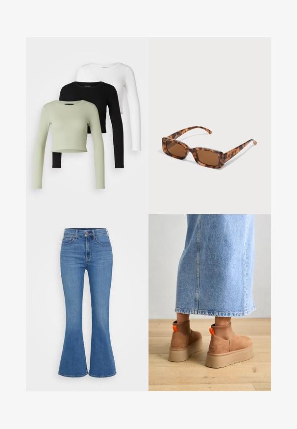 Even&Odd Petite 3 PACK - Majica z dolgimi rokavi - black/white/light green; Svetlo modri široki jean hlače z visokim pasom, izdelane iz denima. Vsebujejo dve sprednji žep in gumbasto zapiranje na pasu.; Rjave suede platform čizme z elastičnimi stranskimi paneli in oranžnimi zankami, v kombinaciji s svetlobno denim krilom do kolen na lesenem tleh.; Želve sunčane naočale s pravokutnim smešnim lećama, debelim okvirom i tankim ručkama s uzorkom različitih nijansi smeđe boje.