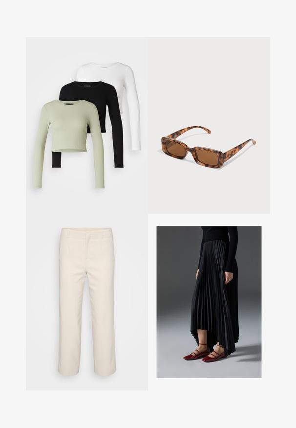 Even&Odd Petite 3 PACK - Long sleeved top - black/white/light green; Beige, tailored trousers with a straight leg design, a flat front, and two side pockets. Made from a smooth fabric with a clean finish.; Black pleated skirt with a high-low hem, paired with glossy red flats featuring a strap design. The fabric has a smooth texture.; Tortoiseshell sunglasses with rectangular brown lenses, a thick frame, and slim arms featuring a pattern of varying shades of brown.