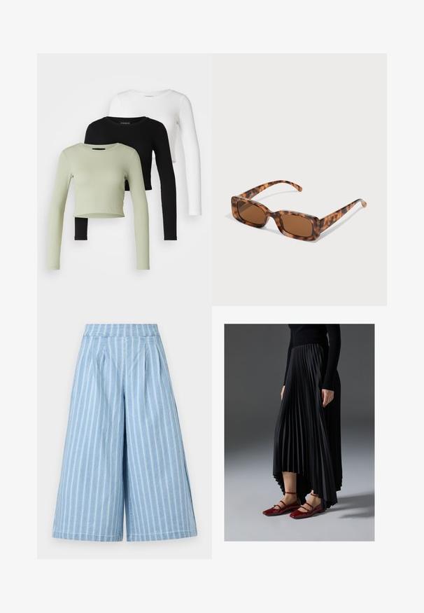 Even&Odd Petite 3 PACK - Ilgarankovis viršutinės dalies drabužis - black/white/light green; Šviesiai mėlyni plataus kirpimo kelnių su baltomis vertikaliomis juostelėmis, turinčios klostuotą priekinę dalį ir elastingą juosmenį. Minkšta džinsinio audinio tekstūra.; Juoda plisuota sijonas su aukštesniu priekiniu kraštu, derinamas su blizgiomis raudonomis plokščiomis bateliais, turinčiais dirželio dizainą. Medžiaga yra glotni.; Vėžlio kiauto saulės akiniai su stačiakampiais rudi objektyvais, storu rėmu ir siaurais rankenėlėmis, dekoruotomis skirtingų atspalvių ruda spalva.