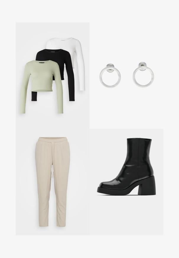 Even&Odd Petite 3 PACK - Ilgarankovis viršutinės dalies drabužis - black/white/light green; Vero Moda Petite VMJESMILO ANKLE PANTS - Kelnės - silver lining; Juodi kulkšniniai batai su blizgiu paviršiumi, kvadratiniu pirštu ir storu blokiniu kulnu. Dizainas pasižymi be siūlių siluetu ir minimalia ženklinimo. ; Sidabriniai metaliniai auskarai žiedų pavidalu su šveitimo tekstūra, turintys apvalų dizainą ir skaidrų laikiklį saugiam dėvėjimui.