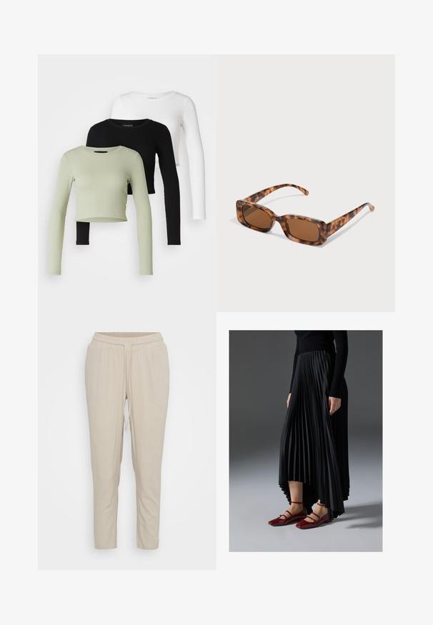 Even&Odd Petite 3 PACK - Topper langermet - black/white/light green; Vero Moda Petite VMJESMILO ANKLE PANTS - Bukse - silver lining; Svart plissert skjørt med høy-lav hem, kombinert med glansfulle røde leilisser med stroppedesign. Stoffet har en jevn tekstur.; Skilpadde-solbriller med rektangulære brune linser, en tykk ramme og smale stenger som har et mønster av varierende nyanser av brunt.