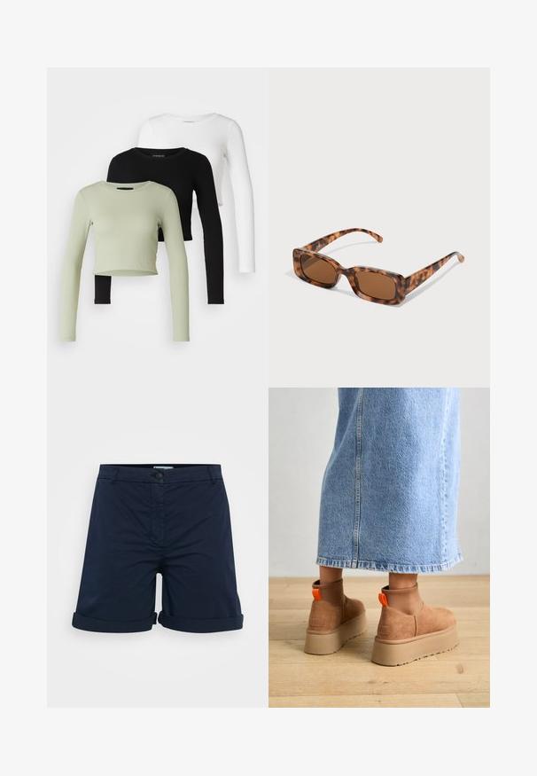 Even&Odd Petite 3 PACK - Topper langermet - black/white/light green; Mørkeblå shorts laget av bomull, med rullet kant, knappelukking og flat frontdesign uten synlige mønstre eller detaljer.; Brune semska plattformstøvler med elastiske sidepaneler og orange rekkehalser, parret med en knelange lys denimskjørt på et tregulv.; Skilpadde-solbriller med rektangulære brune linser, en tykk ramme og smale stenger som har et mønster av varierende nyanser av brunt.