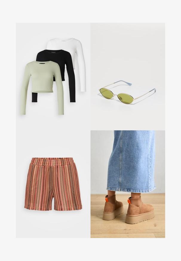 Even&Odd Petite 3 PACK - Long sleeved top - black/white/light green; Striped shorts with an elastic waistband, featuring vertical lines in red, brown, and green. Made of lightweight, textured fabric.; Brown suede platform boots with elastic side panels and orange pull tabs, paired with a knee-length light denim skirt on a wooden floor.; Olive green sunglasses with a thin gold frame and blue-accented arms. Oval lenses and minimalistic design.