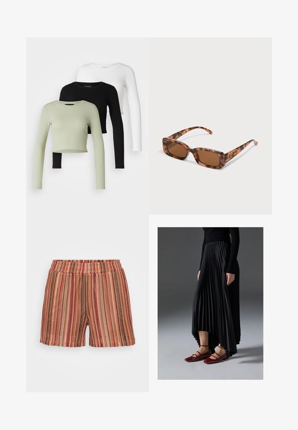 Even&Odd Petite 3 PACK - Camiseta de manga larga - black/white/light green; Pantalones cortos a rayas con cintura elástica, con líneas verticales en rojo, marrón y verde. Hechos de una tela ligera y texturizada.; Falda negra plisada con un dobladillo asimétrico, combinada con bailarinas rojas brillantes que tienen un diseño de tiras. La tela tiene una textura suave.; Gafas de sol de carey con lentes marrones rectangulares, un marco grueso y patillas delgadas que presentan un patrón de diferentes tonos de marrón.