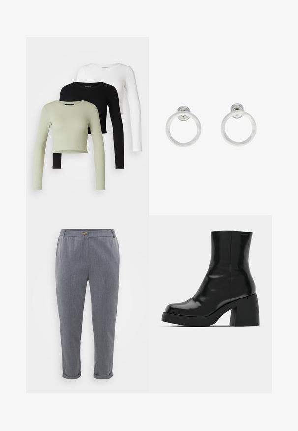 Even&Odd Petite 3 PACK - Langarmshirt - black/white/light green; Graue, maßgeschneiderte Hose mit einer glatten, gewebten Textur, umgeschlagenen Säumen, vorderen Taschen und einem Knopfverschluss am Bund.; Schwarze Stiefeletten mit glänzender Oberfläche, quadratischer Zehenpartie und dicker Blockabsatz. Das Design zeichnet sich durch eine nahtlose Silhouette und minimalistische Markenkennzeichnung aus.; Silberne Metall-Hoops Ohrringe mit gebürsteter Oberfläche, die ein kreisförmiges Design aufweisen und mit einem klaren Steckverschluss für einen sicheren Halt ausgestattet sind.