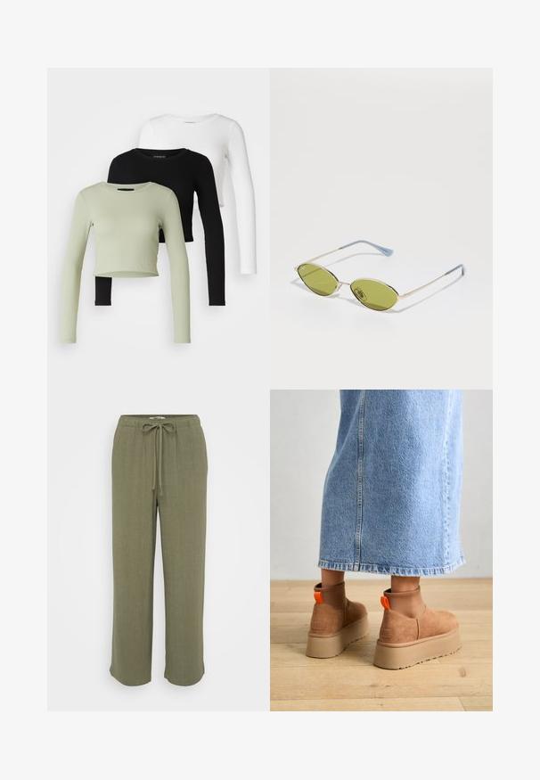 Even&Odd Petite 3 PACK - Langarmshirt - black/white/light green; ONLY Petite ONLSIESTA PULL UP - Stoffhose - deep lichen green; Braune Wildleder-Plateau-Stiefel mit elastischen Seitenpaneelen und orangen Zuglaschen, kombiniert mit einem knielangen hellen Jeansrock auf einem Holzboden.; Olivgrüne Sonnenbrille mit dünnem goldenen Rahmen und blauen Akzenten an den Bügeln. Ovale Gläser und minimalistisches Design.