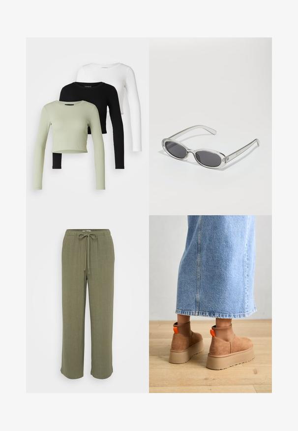 Even&Odd Petite 3 PACK - T-shirt à manches longues - black/white/light green; ONLY Petite ONLSIESTA PULL UP - Pantalon classique - deep lichen green; Bottes en suède brun à plateforme avec des panneaux latéraux élastiques et des languettes orange, associées à une jupe en denim clair arrivant au genou sur un sol en bois.; Lunettes de soleil de forme ovale, monture en plastique transparent, verres gris foncé et branches transparentes fines avec des accents de logo et un minimalisme dans les détails.