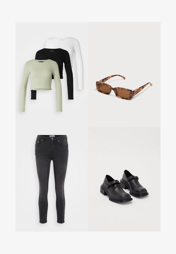 Even&Odd Petite 3 PACK - Tops ar garām piedurknēm - black/white/light green; Melni skinny džinsi, izgatavoti no denima. Iespējama priekšējā pogu aizdare un iešūta kabata jostasvietā. Gluda tekstūra ar minimālu izbalēšanu.; Melnas ādas kurpes ar noapaļotu purngalu, plakanu zoli un siksniņu ar sprādzi. Masīvs bloku papēdis papildu stabilitātei.; Tortoiseshell saulesbrilles ar taisnstūrveida brūniem stikliem, biezs rāmis un plānas kājas ar dažādu brūnu toņu rakstu.; Sudraba metāla gredzenveida auskari ar matētu faktūru, ar apaļu dizainu un caurspīdīgu aizdari, lai nodrošinātu drošu valkāšanu.