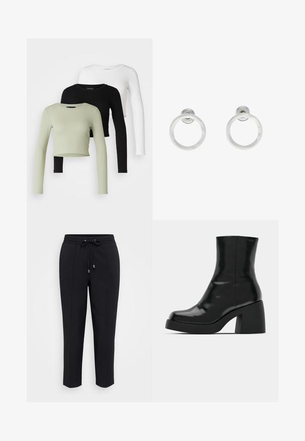 Even&Odd Petite 3 PACK - Langarmshirt - black/white/light green; Schwarze Sweatpants mit einem Kordelzugbund, schmaler Passform und zwei seitlichen Nähten. Weicher, glatter Stoff ohne sichtbare Muster oder Verzierungen.; Schwarze Stiefeletten mit glänzender Oberfläche, quadratischer Zehenpartie und dicker Blockabsatz. Das Design zeichnet sich durch eine nahtlose Silhouette und minimalistische Markenkennzeichnung aus.; Silberne Metall-Hoops Ohrringe mit gebürsteter Oberfläche, die ein kreisförmiges Design aufweisen und mit einem klaren Steckverschluss für einen sicheren Halt ausgestattet sind.