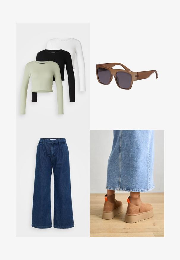 Even&Odd Petite 3 PACK - Pitkähihainen paita - black/white/light green; Vanklarit farkut tummansinisinä. Varusteena joustava vyötärö, löysä leikkaus ja vähäiset tikkausdetaljit helmaosassa.; Ruske mokasine z platformo in elastiko na straneh ter oranžnimi zategovalnimi trakovi, v kombinaciji z osnovno dolžino svetle denim krila na lesenem podu.; Ruske semi-prozirne sunčane naočale sa kvadratnim okvirom i tamnim lećama. Ručke su elegantne i blago zakrivljene za moderan izgled.