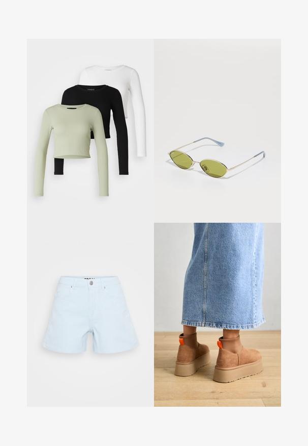 Even&Odd Petite 3 PACK - Maglietta a manica lunga - black/white/light green; Pantaloni corti a righe blu chiaro in cotone, con design a cinque tasche, chiusura con bottone frontale e vestibilità regolare.; Stivali platform in suede marrone con pannelli laterali elastici e linguette arancioni, abbinati a una gonna di jeans chiara, lunga fino al ginocchio, su un pavimento di legno.; Occhiali da sole verde oliva con una sottile montatura dorata e bracci accentati in blu. Lenti ovali e design minimalista.; Orecchini a cerchio argentati con design a fiocco, con una finitura liscia e una texture lucida. Stile compatto e minimalista adatto per diverse occasioni.